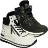 Two pairs of high-top sneakers, one white and one black, are displayed side-by-side against a white background. Anteprima dell’immagine prodotto