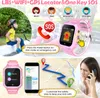 Collage showing a child wearing a pink smartwatch, close-ups of the watch and its app interface, a map with a route, and a woman talking on a phone. Produktbild-Vorschau