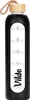A black glass water bottle with a wooden lid and a time-marked strip on the front. Voir les images du produit