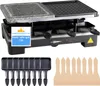 A raclette grill set with a stone and grill plate, shown with accessories. Produktbild-Vorschau