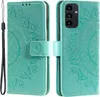 A teal mandala-patterned phone case is shown open and closed. Produktbild-Vorschau
