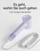 A purple high-speed hair dryer with a white cord is shown against a white background. Text is overlaid on the image. Produktbild-Vorschau