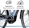 Close-up of an electric bicycle's mid-drive motor and pedal area, with marketing icons and text above. Produktbild-Vorschau