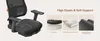 A close-up view of an ergonomic office chair, highlighting its features with descriptive text and illustrative graphics. Produktbild-Vorschau