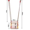A wooden swing with dimensions indicated by measurement lines and text. Produktbild-Vorschau