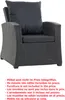 A dark gray wicker armchair with black cushions, set against a white background. Text in multiple languages is displayed below the chair. Voir les images du produit