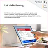 A person's hand is shown interacting with a laptop screen displaying security software. Produktbild-Vorschau
