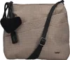 A close-up studio shot of a patterned shoulder bag with a black heart-shaped charm and a black strap. Produktbild-Vorschau