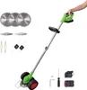A person's hand is holding the handle of a green and silver electric grass trimmer, which is shown with various accessories. Produktbild-Vorschau