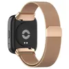 The back of a smartwatch with a rose gold Milanese strap.