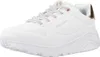 A white Skechers sneaker with rose gold accents is shown from a side angle against a white background. Voir les images du produit