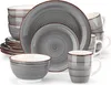 A set of grey and white ceramic dishes with a swirled pattern and brown trim, stacked and arranged on a white background. Produktbild-Vorschau