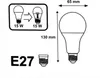 Diagram showing dimensions and comparison of an LED bulb to an incandescent bulb, along with its base type. Produktbild-Vorschau