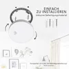 A smoke detector is shown being installed on a ceiling, with text and diagrams explaining the process and features. Produktbild-Vorschau