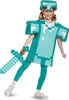 A young girl wearing a Minecraft diamond armor costume and holding a diamond sword. Produktbild-Vorschau