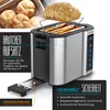 A toaster with a bread roll attachment and a slice of bread on top, with text overlays highlighting features and safety information. Produktbild-Vorschau