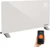 A white glass convector heater with a smartphone displaying a heating app in the foreground. Voir les images du produit