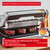 A close-up of a grill with steaks cooking on it, with marketing text overlays. Produktbild-Vorschau