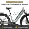 A close-up side view of a silver electric bicycle, highlighting its frame and components, with marketing text overlays. Produktbild-Vorschau