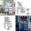 A collage of four images showcasing a white high-gloss vanity table with a stool, presented in different settings and angles. Podgląd zdjęcia produktu
