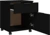 A black mobile filing cabinet with one drawer open and one door open, showing the interior. Náhled obrázku produktu