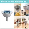 A collage of images showing a set of four funnels in different sizes and contexts, including pouring liquids and dry goods. Produktbild-Vorschau