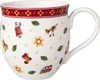 A white mug with a festive Christmas pattern, including Santa Claus, a train, a stocking, holly, and other holiday motifs. The mug has a red and gold decorative band around the rim and a white handle. Produktbild-Vorschau