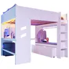 A white loft bed with a desk, wardrobe area, and drawers, illuminated by LED lights. Podgląd zdjęcia produktu