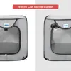 Two views of a portable pet carrier, one with the mesh window open and one with it closed. A red banner at the top states 'Velcro Can Fix The Curtain'. Produktbild-Vorschau