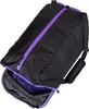 A black duffel bag with a purple zipper and trim, shown with its main compartment partially open. Produktbild-Vorschau