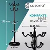 A product image of a black coat rack with dimensions and branding displayed. Produktbild-Vorschau
