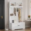 A white hall tree with storage and coat hooks. Produktbild-Vorschau
