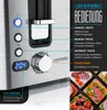A close-up view of a stainless steel toaster with control buttons and a digital display, accompanied by a marketing text overlay detailing its functions. Anteprima dell’immagine prodotto