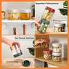 A collage of images showing glass storage jars filled with various food items and being stacked. Produktbild-Vorschau