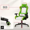 A gaming chair with a pixelated green and white design, featuring a close-up of a wheel and a certification logo. Náhľad obrázku produktu