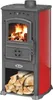 A red and gray wood-burning stove with a fire burning inside and firewood stored underneath. Produktbild-Vorschau