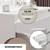 A close-up view of a white vanity table with drawers, highlighting a measurement and a drawer slide mechanism. Voir les images du produit