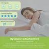 A woman sleeping on a mattress, with marketing text and icons overlaid on the left side. Produktbild-Vorschau