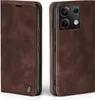 Two views of a brown leather flip case for a smartphone, showing the front and back. Produktbild-Vorschau