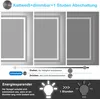A collage of three images showing a mirror with LED lighting, along with instructional graphics about its features. Produktbild-Vorschau
