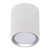 A white cylindrical ceiling light with a silver trim around the light source. Produktbild-Vorschau