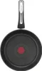 A top-down view of a black frying pan with a silver handle and a red indicator in the center of the pan's base. Produktbild-Vorschau