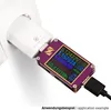 A white USB power adapter plugged into a white wall socket, with a purple USB power meter connected to it, displaying voltage, current, power, and capacity. Produktbild-Vorschau