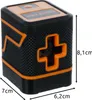 A product shot of a green cross-line laser level with dimensions indicated. Náhľad obrázku produktu