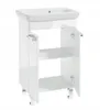 A white bathroom vanity with a sink on top, featuring two open cabinet doors revealing shelves. Produktbild-Vorschau