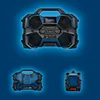 Three views of a Bosch professional cordless job site radio, displayed against a blue background with a glowing effect. Produktbild-Vorschau