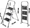 Two views of a stepladder with dimensions indicated by text and lines. Podgląd zdjęcia produktu