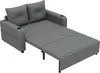 A gray sofa bed is shown in an extended position, revealing its sleeping surface. The sofa has two back cushions and cup holders on the arms. It is presented against a plain white background. Voir les images du produit