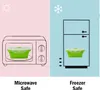 The image is split into two halves, showing a green silicone container in a microwave on the left and in a refrigerator on the right. Náhled obrázku produktu