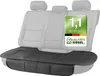 A black car seat cover for the rear bench seat is shown on a gray car seat. A green and white quality seal is overlaid on the right side of the image. Produktbild-Vorschau